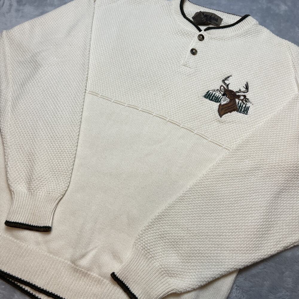 Vtg‎ Cedar Falls Henley Sweater Mens M Ivory Waffle Knit Deer Elk Hunting USA